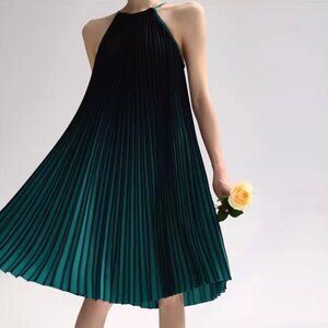 Halter Pleated Black to Emerald Green Ombre Swing Cocktail Midi Dress